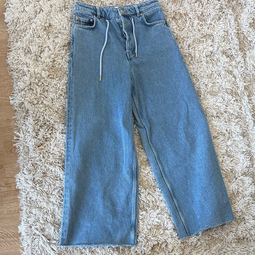 Ganni Heavy Denim Wide Leg Drawstring Jeans Blue W26 Like New